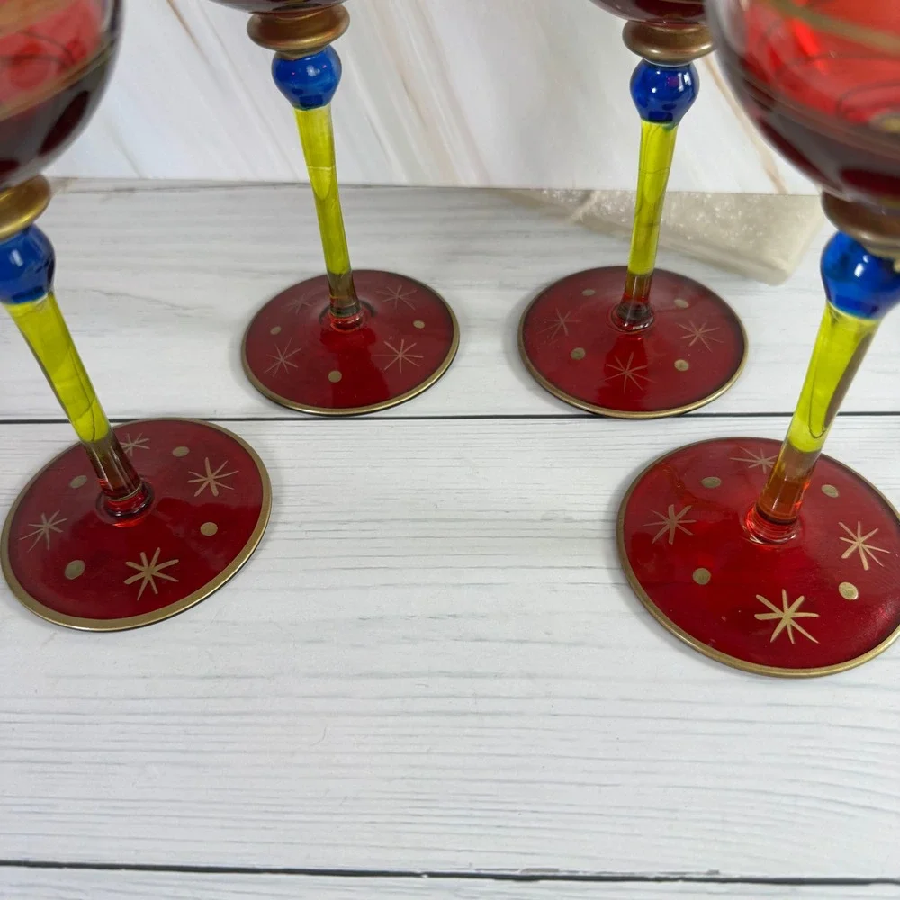 Wine Glasses Set of 4 Red Lime Green Hand Painted Starburst Festive Holidays